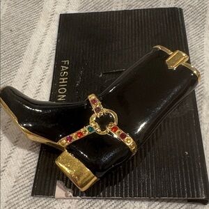 Vintage Black Cowboy Boot Brooch Rhinestone Accent New Shinny Gold Metal